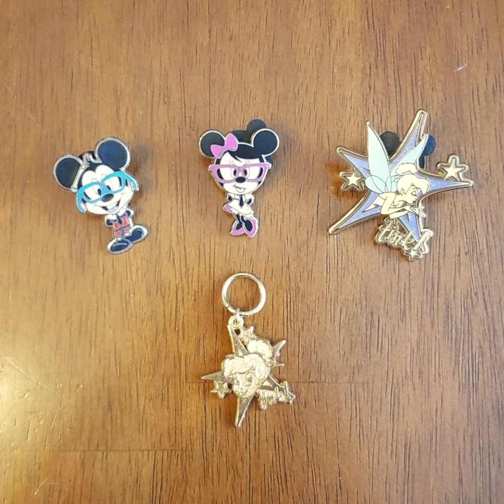 Disney Trading Pins. Minnie & Mickey Nerds and Tinkerbell Pin and Charm.